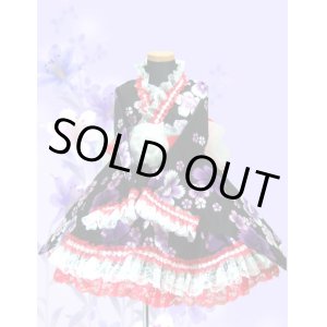 画像: 90〜110サイズ：浴衣ドレスセット（黒地になでしこ）