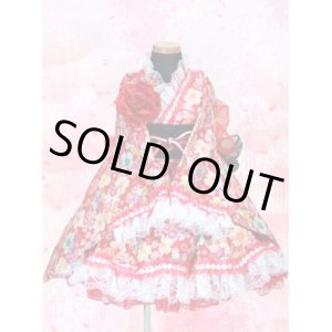 画像: ＜90〜110サイズ＞着物ドレスセット：花花（赤）