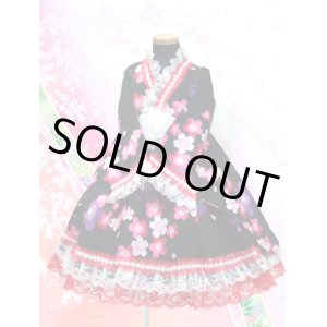 画像: 90〜110サイズ：浴衣ドレスセット（黒地に桜色々）