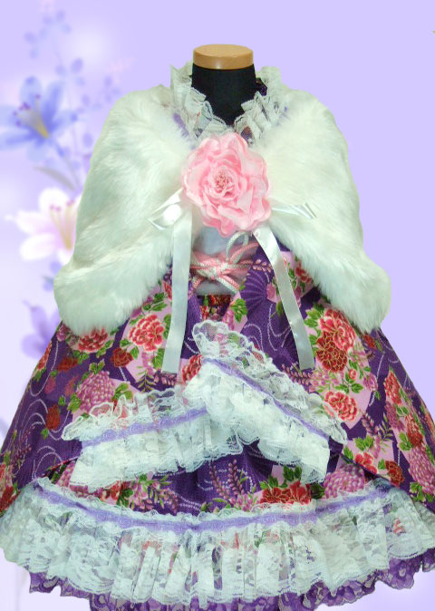 画像: ＜90〜110サイズ＞着物ドレスセット：花かぐわし扇（紫） 