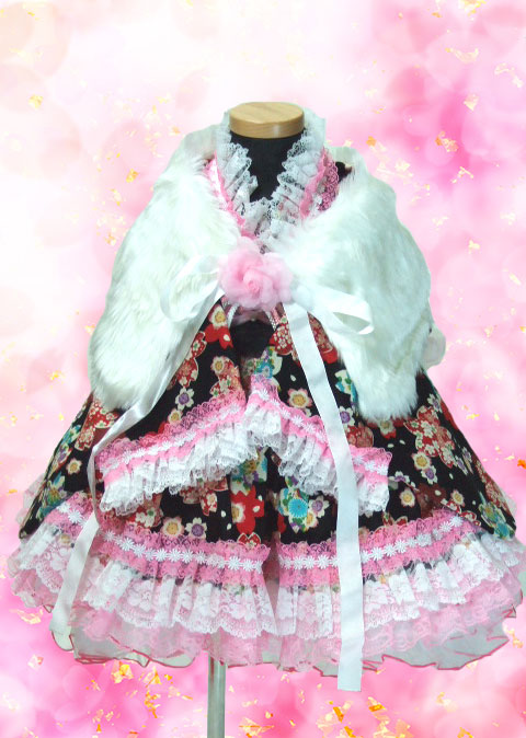 画像: ＜70〜80サイズ＞着物ドレスセット：型取り桜（黒）