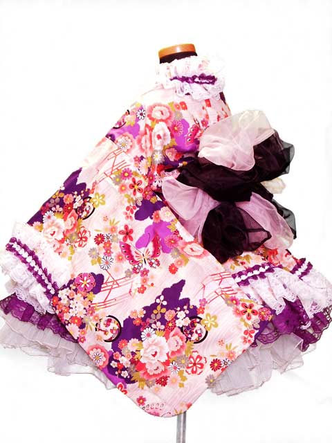 画像: ＜Ｃサイズ＞着物ドレスセット：波間の蝶々（紫）