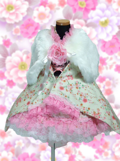 画像: ＜110〜130サイズ＞着物ドレスセット：満開桜（白）