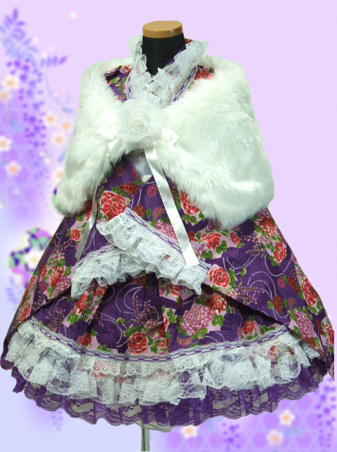 画像: ＜110〜130サイズ＞着物ドレスセット：花かぐわし扇（紫） 