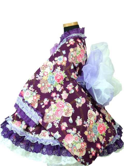 画像: ＜90〜110＞着物ドレスセット：小槌に花（紫）