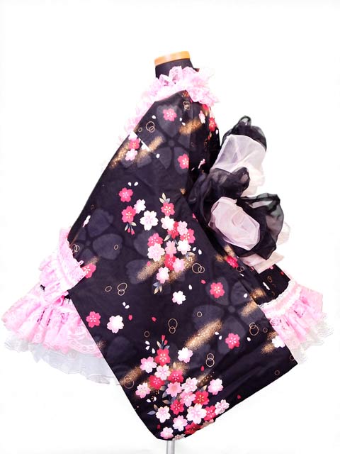 画像: Ｃサイズ：浴衣ドレスセット（黒地にみだれ桜）ピンク
