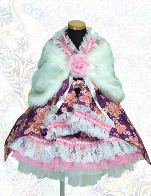 画像: ＜Ｃサイズ＞着物ドレスセット： 桜の舞（紫）