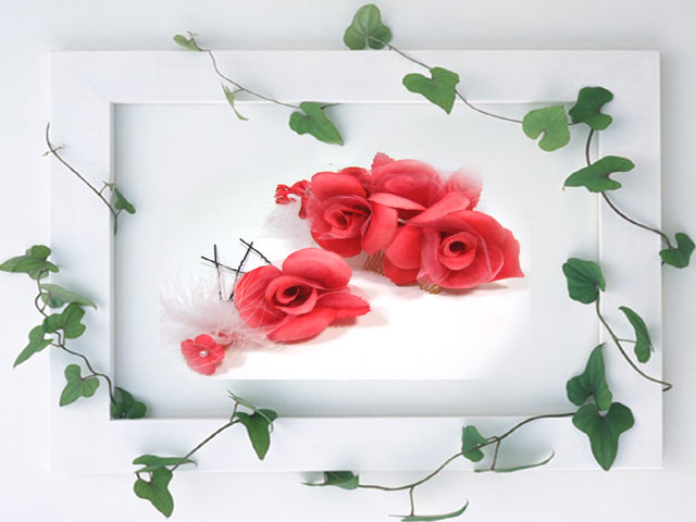 画像1: 薔薇とパールビーズの髪飾りセット（赤）
