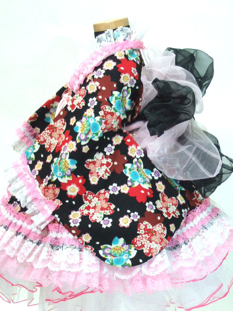 画像: ＜70〜80サイズ＞着物ドレスセット：型取り桜（黒）