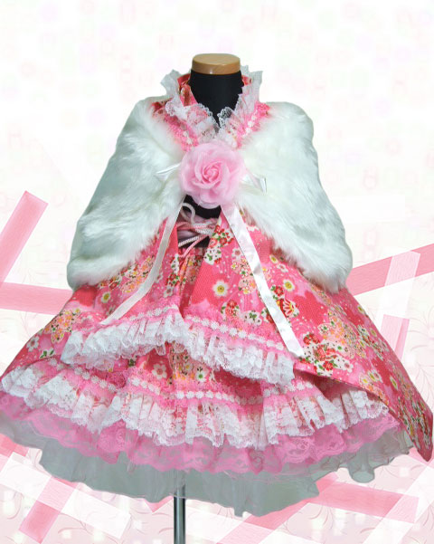 画像: ＜Ｃサイズ＞着物ドレスセット： 桜の舞（ピンク）