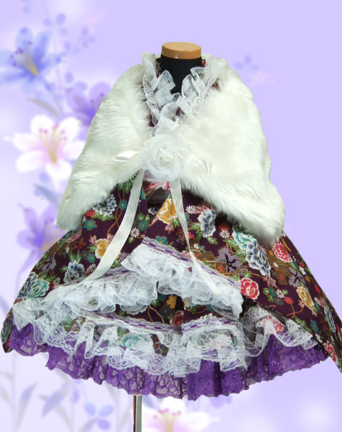 画像: ＜90〜110サイズ＞着物ドレスセット：金彩開花（紫） 