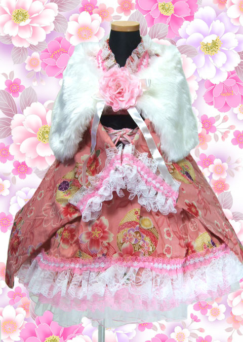 画像: ＜110〜130サイズ＞着物ドレスセット：大きな毬と桜（ピンク）