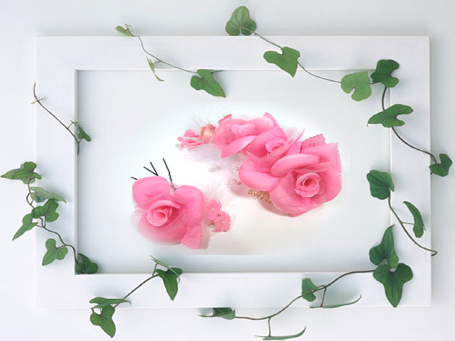 画像1: 薔薇とパールビーズの髪飾りセット（ピンク）