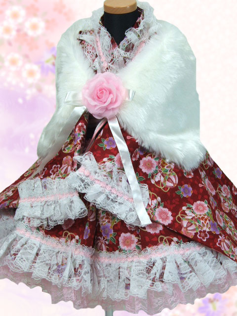 画像: ＜90〜110サイズ＞着物ドレスセット：手毬と桜（臙脂）