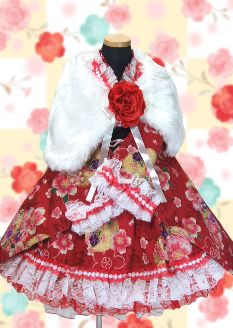 画像: ＜Ｂサイズ＞着物ドレスセット：大きな毬と桜（赤）