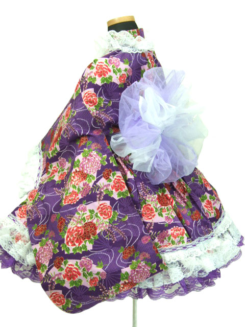 画像: ＜110〜130サイズ＞着物ドレスセット：花かぐわし扇（紫） 